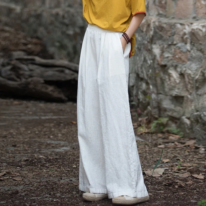 Spring Summer Cotton Linen Wide-leg Pants Women's Clothes Retro Casual Trouser All-match Straight Pants Black Elastic High Waist
