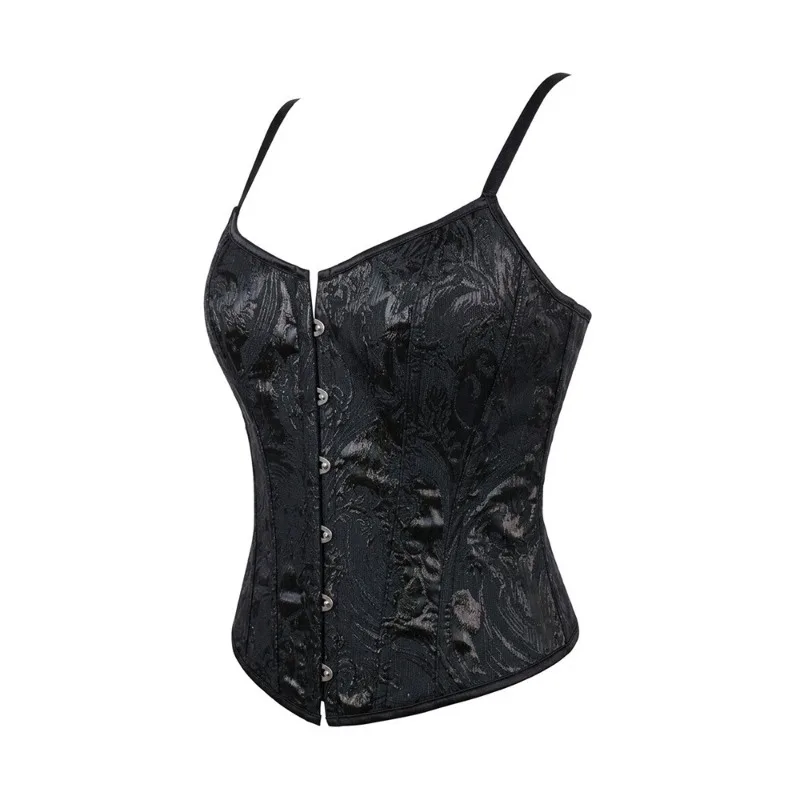 Black Corset Top Women Boned Bustier Overbust Spaghetti Strap Button Brocade Body Shaper