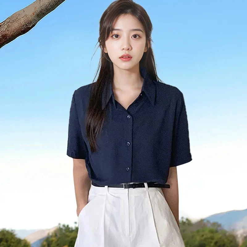 Fashionable Casual Loose-Fit Short Sleeve Women's Shirt Solid Color Versatile Blue Top For Summer Korean Style Plus Size