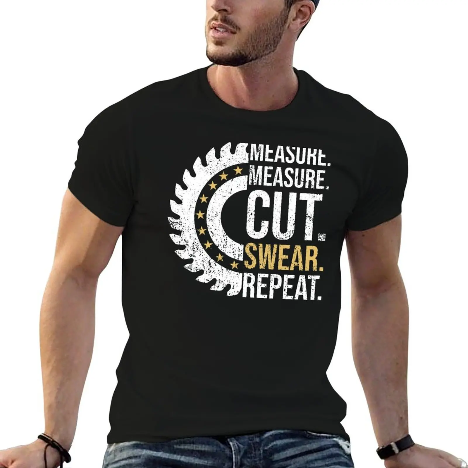 Measure Measure Cut Repeat Handyman Woodworker Father Day Funny Dad Handyman Carpenter T-Shirt Trendy Print Short Sleeve T-Shirt