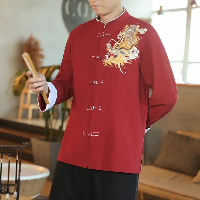 Chinoiserie Tops Traditional Chinese Hanfu Fashion Tang Suit Dragon Embroidery Shirt Loose for Men Clothing Vintage Long Sleeve