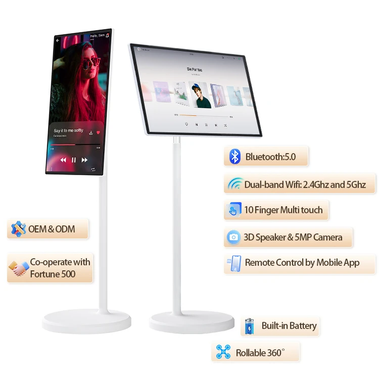 21.5/24/27/32Inch Portable Mobile Smart Android TV on Wheels, 360 Rotation Moveable Screen Led Display Rolling TV Stand