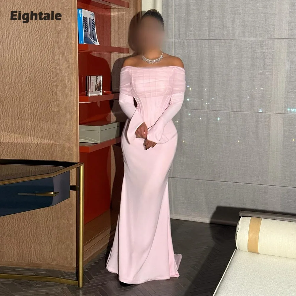 

Eightale Arabic Evening Dress Strapless Prom Gown Customized Pink Long Sleeves Muslim Mermaid Wedding Party Dress