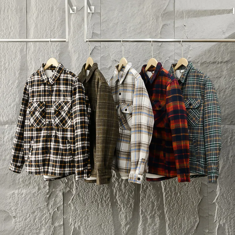 Men's Autumn Winter Plaid Flannel Fleece Lined Warm Shirt Thick Casual All-Match Coat Long Sleeve Collar Open Cardigan