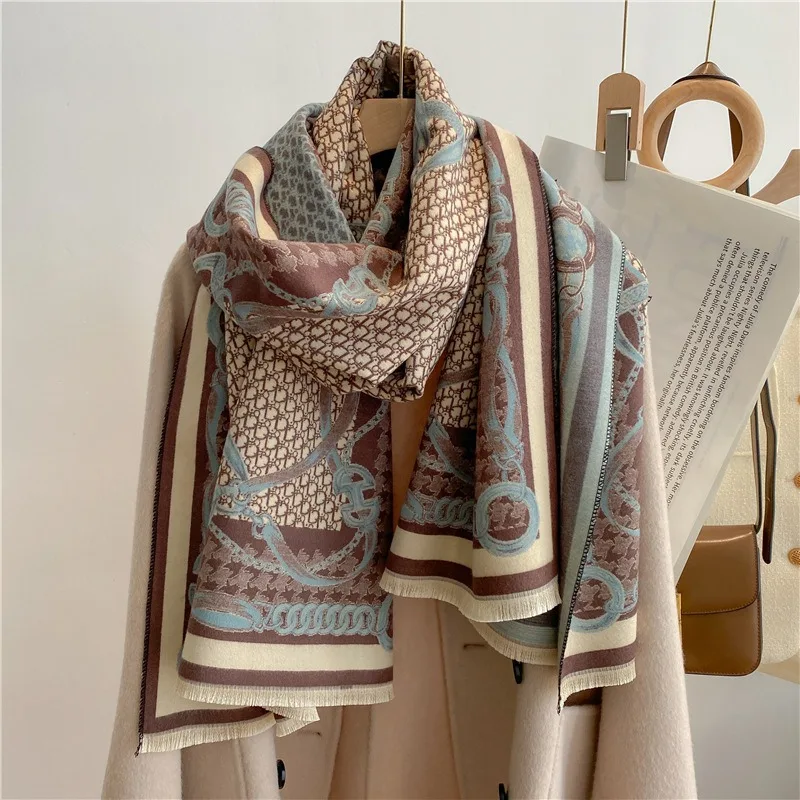 WeHello - Bohemian Style Imitation Cashmere Double-Sided Jacquard Letter Chain air Conditioning Shawl Thick Warm Scarf