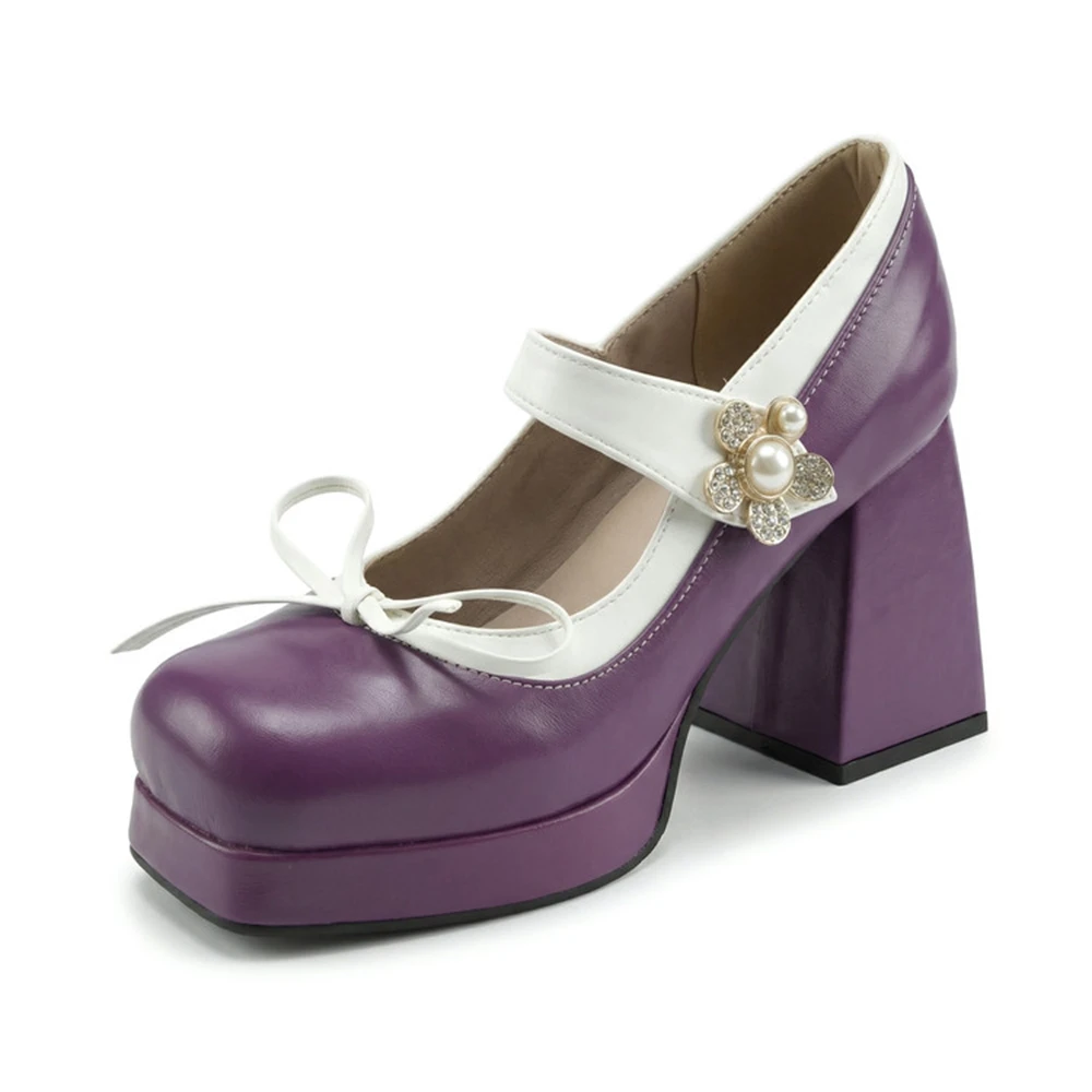 Fashion Women's Mary Jane Platform Chunky Heels with Pearl Flower Bow Plus Size 34-48 Sweet Lolita Shoes 6 Colors Available 7774