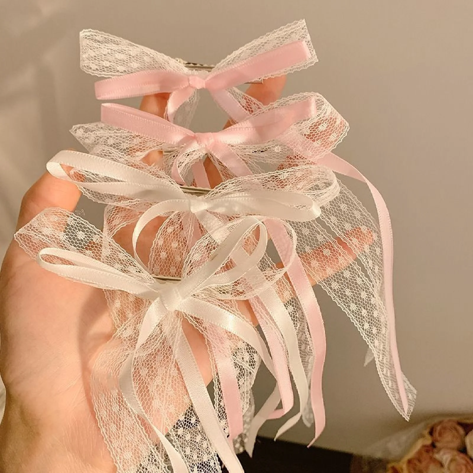 2PCS White, Lace, Ribbon, Hair Tie, Bow, Hair Clip, Female, Premium, Headpiece, Clips, Hair Accessories, Hair Cards