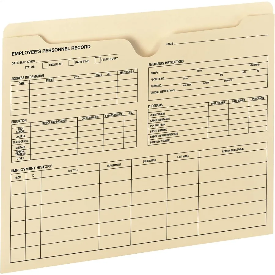 

Employee Record File Jacket Reinforced Straigut Tab FlatNo Expansion Letter Size Manila 20 per Pack 77100