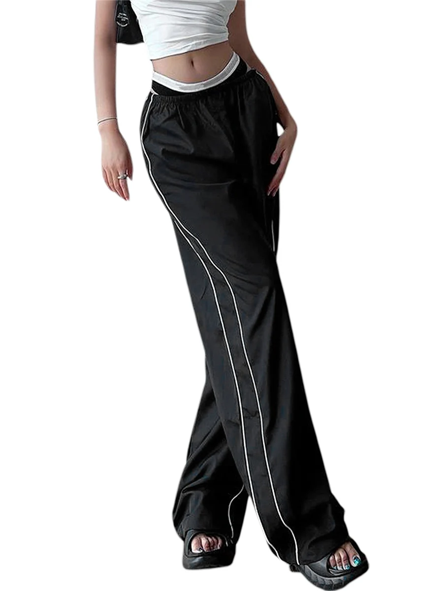 Women Casual Cargo Pants Sweatpants Elastic Waist Wide Leg Pants Baggy Cargo Parachute Pants Jogger Streetwear