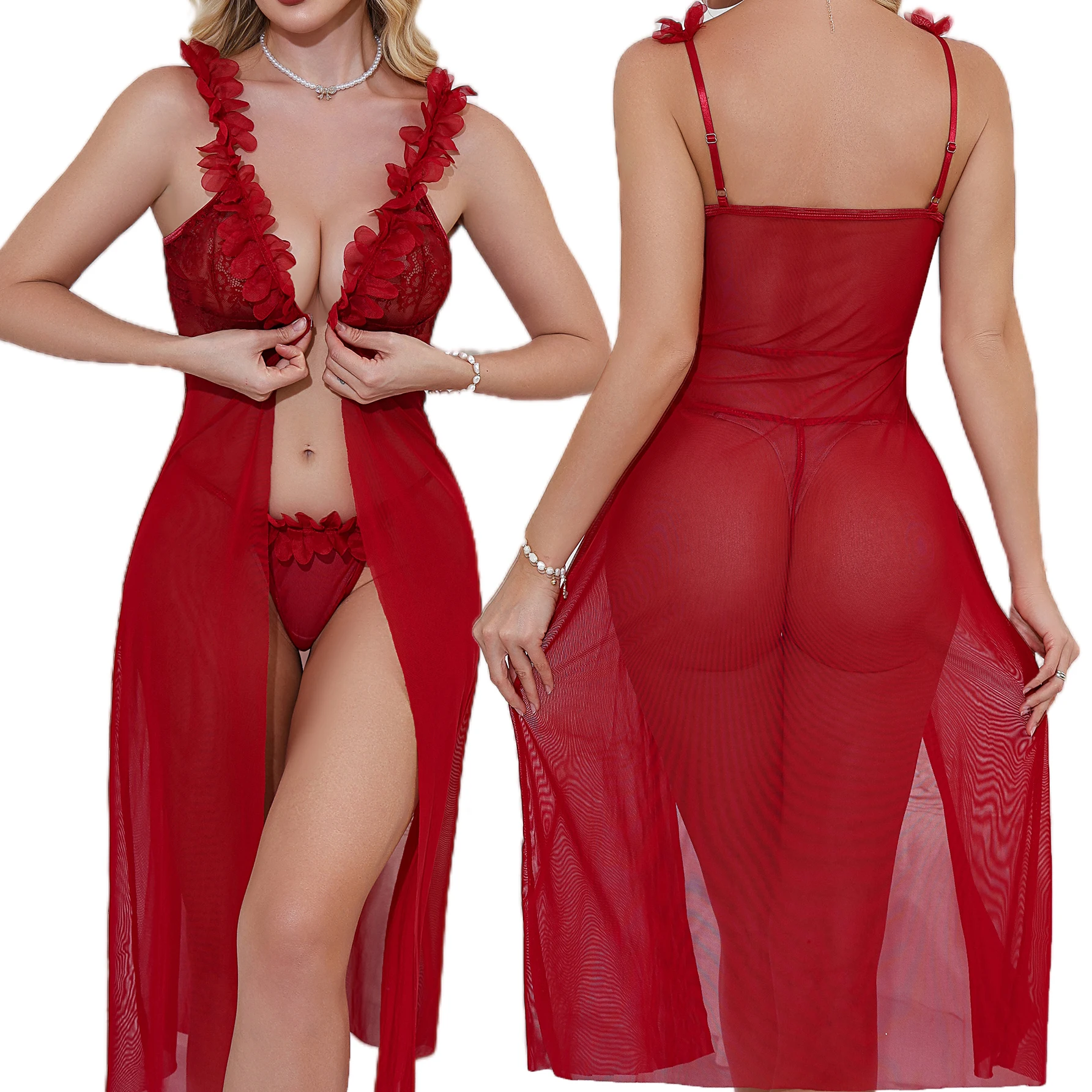 

Womens Elegant Tunic Mid-calf Nightdress Fashion Lace Patchwork Home Clothes Comfort Sleepwear Pyjama Sexy Lingerie G-string