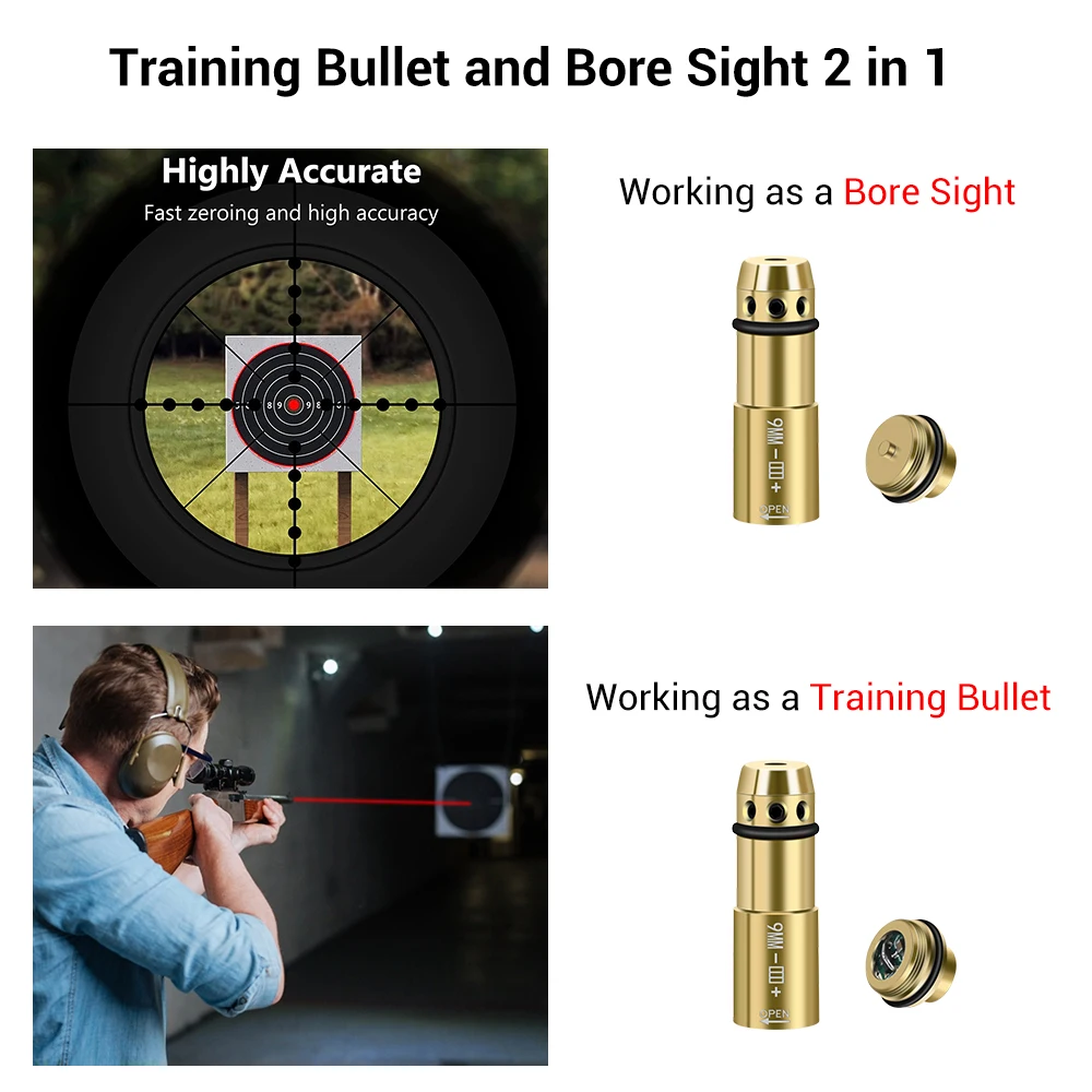 9x19mm Laser Training Bullet Laser Bore Sight 2 em 1 Dual Purpose Laser Pointer para Dry Fire Training Laser Bullet 9mm