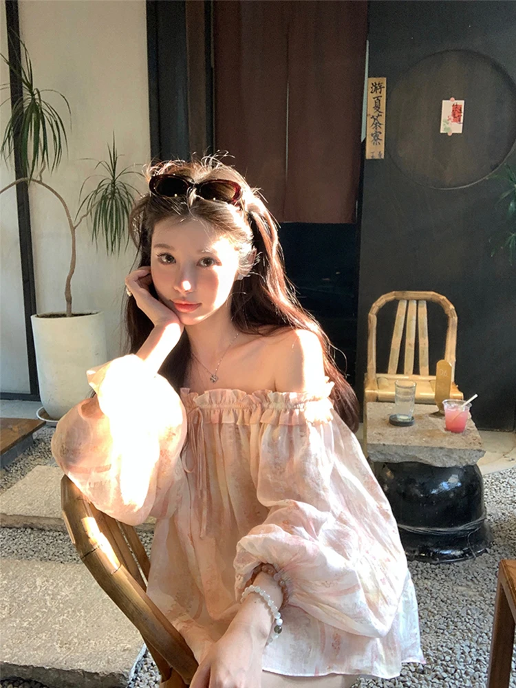 

French Sle Loose Fit Long Sve Women's irt One oulder Print Cotton Linen Slimming Top Summer Holiday Faion