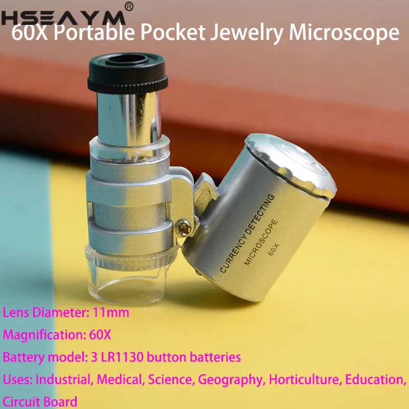 60X  LED Light Microscope Biology Handheld Jewelry Magnifier Magnifying Glass Loupe Antique Jade Currency Detecting