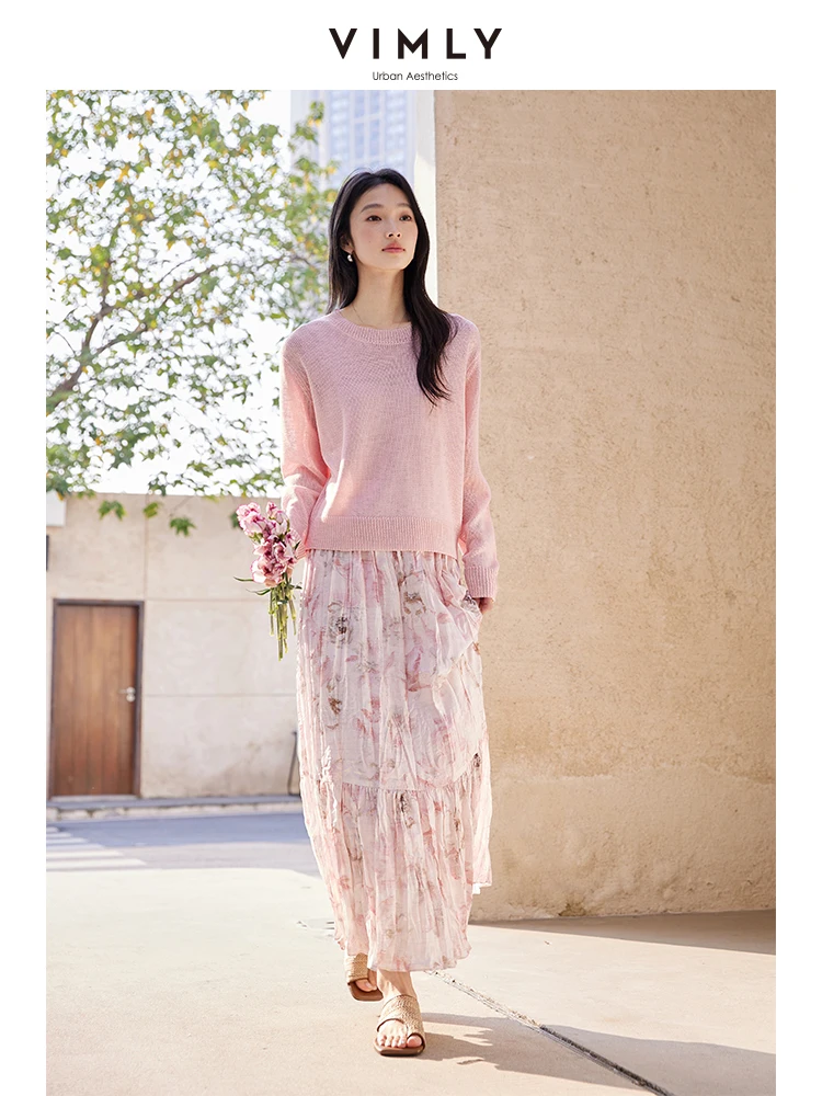 VIMLY Women Simple Knitted Sets 2026 Spring Office Lady Casual Pullover Top+Pleated Floral Printed Skirt Beach Style 2pcs Set
