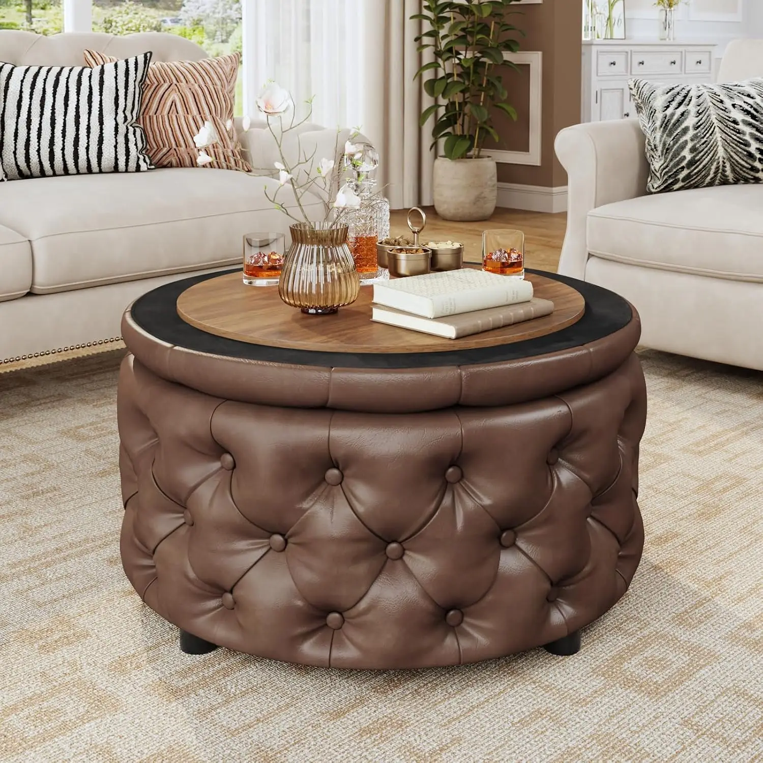 Round Storage Ottoman Coffee Table Faux Leather Upholstered Footrest Stool Bedroom Living Room 15 Inch, Customized