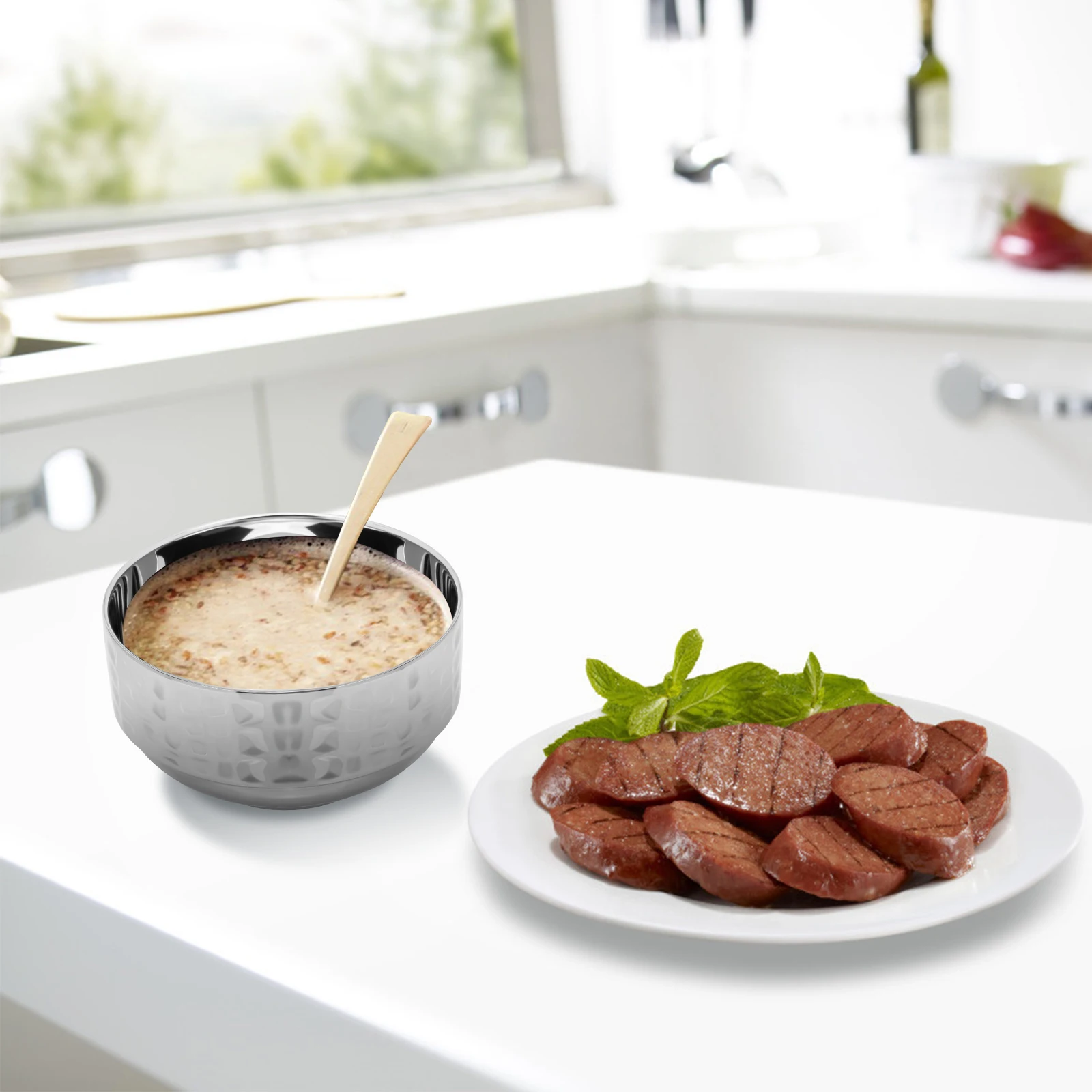 

Stainless Steel Double Layer Bowl Insulated Soup Rice Bowl Noodle Serving Dish Household Food Container Ramen Bowl,