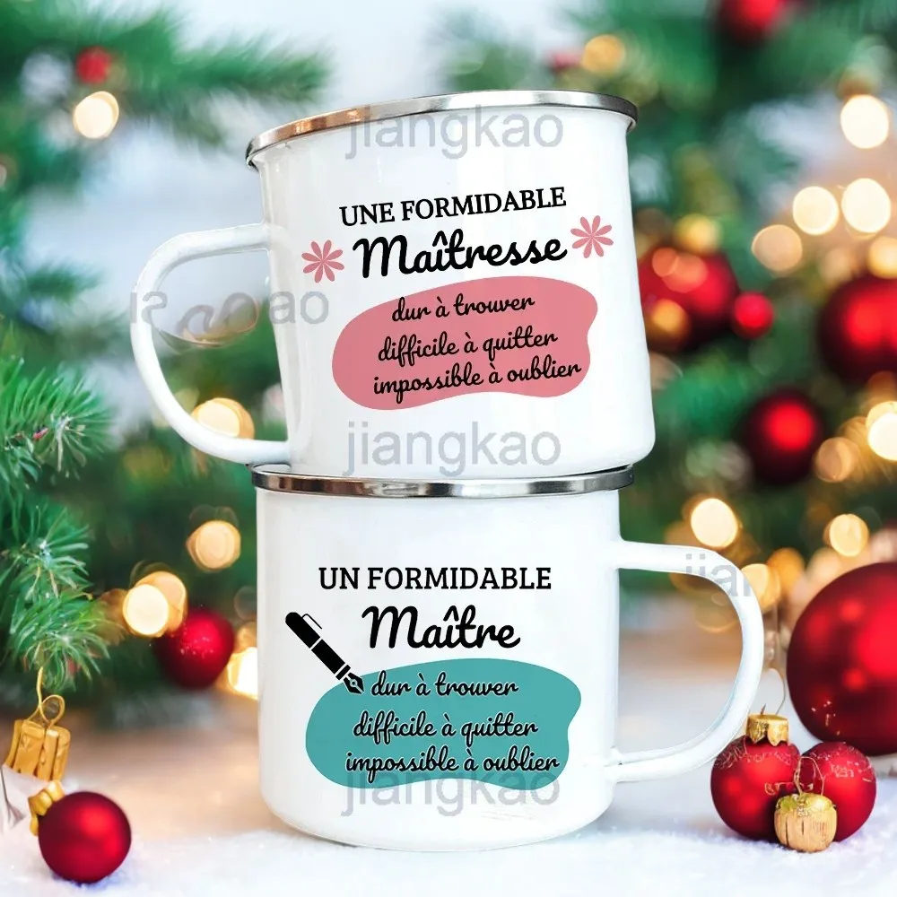 French Print Mug Coffee Cup Drinks Milk Tea Mugs Camping Enamel Cup Handle Drinkware Graduation Thanks Gift for Maitress Maitre