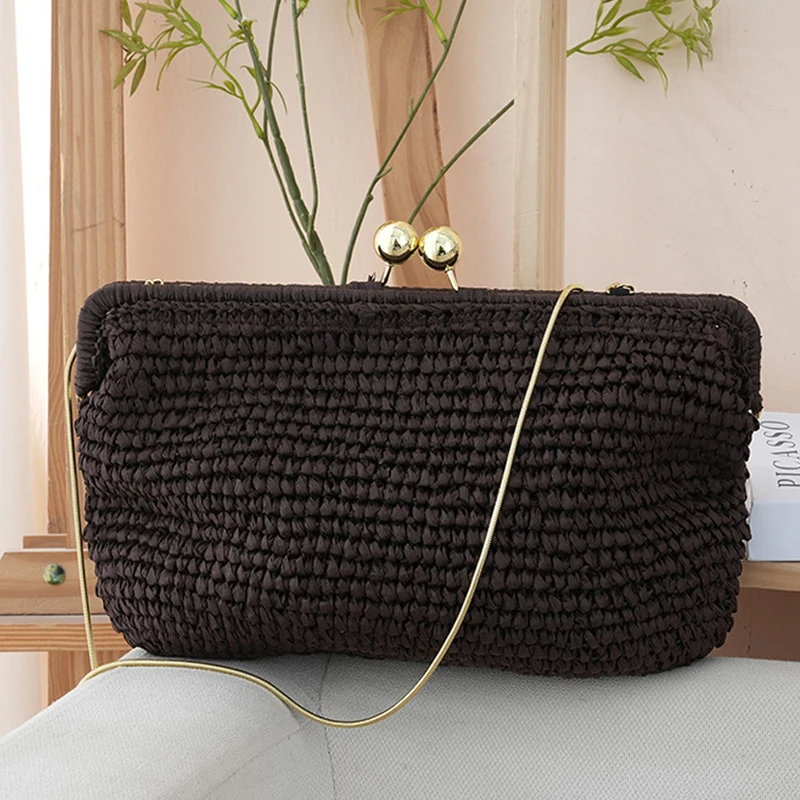 

Пляжная соломенная сумка-клатч Kisslock для женщин, дизайнерская люксовая сумка и кошелек, новинка 2026 года, из травяного вязаного материала, с цепочкой и зажимом на плечо