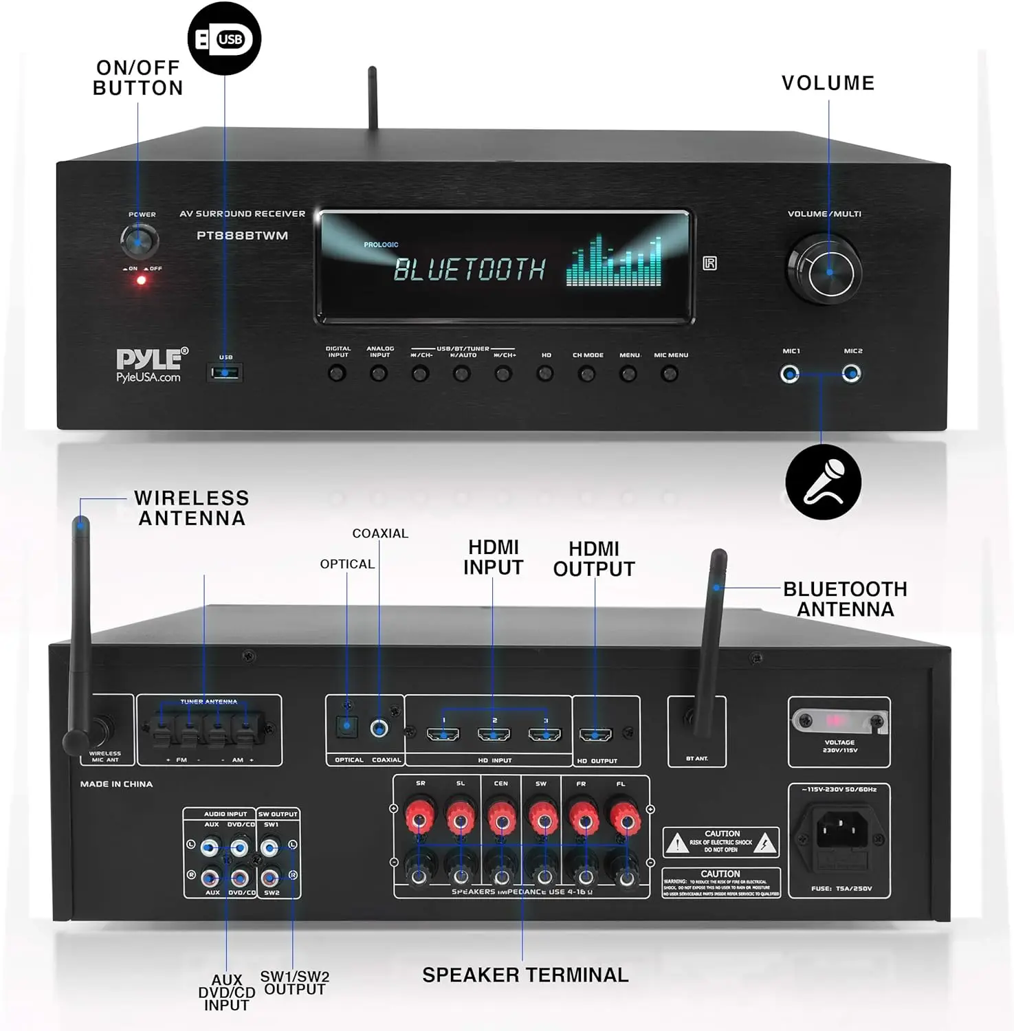 Pyle 1000W Bluetooth Home Theater Karaoke Receiver - 5.2-Ch Stereo Amplifier 2 UHF Wireless Microphone Video Pass