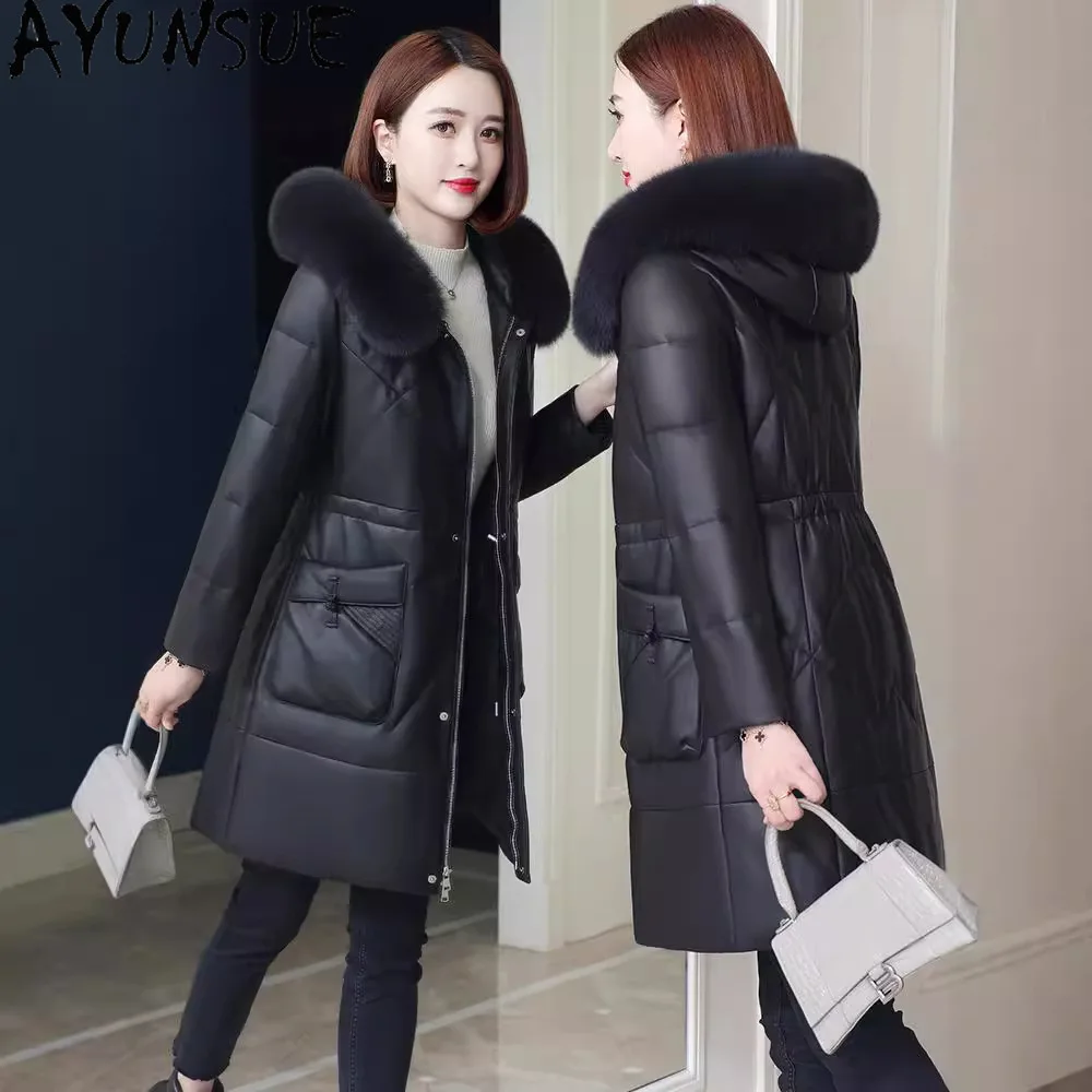 AYUNSUE Echtes Schaffell Echtes Leder Daunenjacke Frauen Winter Kleidung Warme Fuchs Pelz Kragen 2025, Mittellange Weiße Ente Daunenmantel