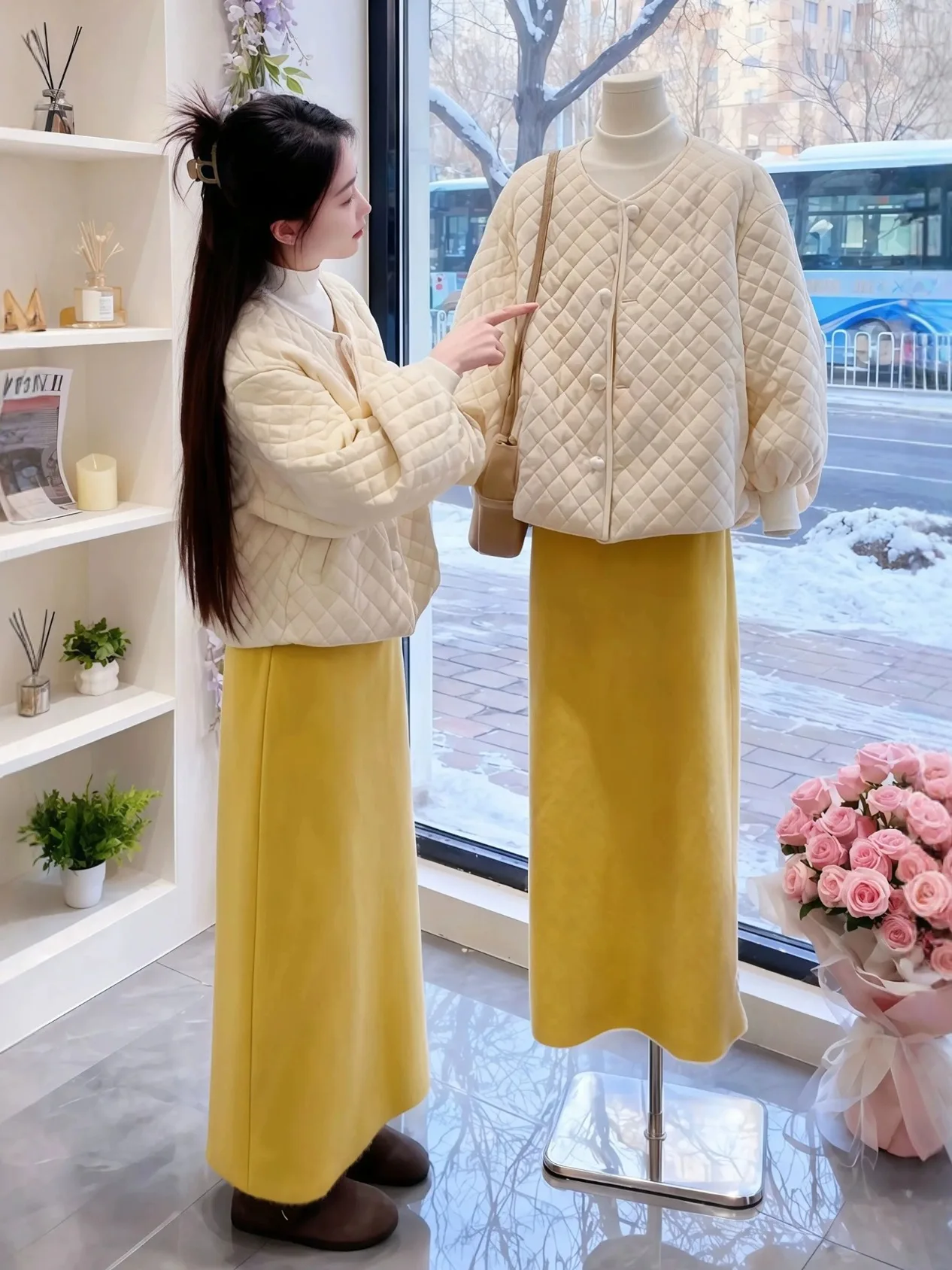 

Зимний модный корейский комплект из хлопковой куртки и юбки для женщин больших размеров с ромбовидным узором, теплый, из двух предметов