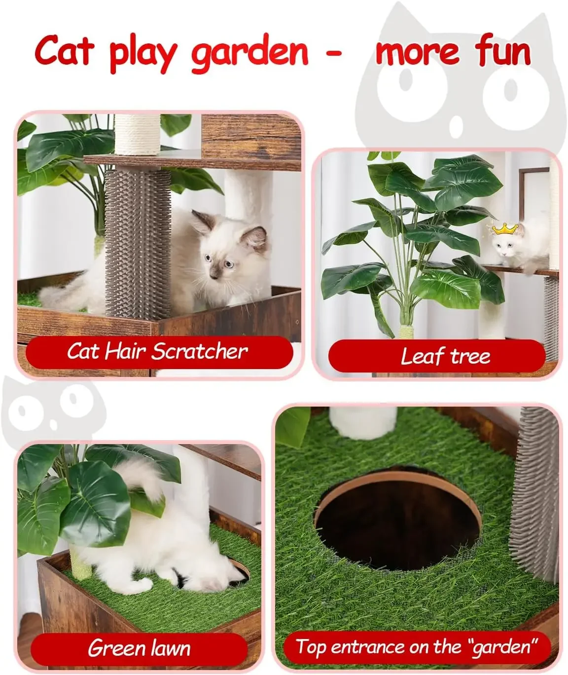 Árbol para gatos con caja de arena, torre grande de madera para gatos, condominio para gatos de interior con jardín de juegos (hoja, césped, gomas para el cabello)