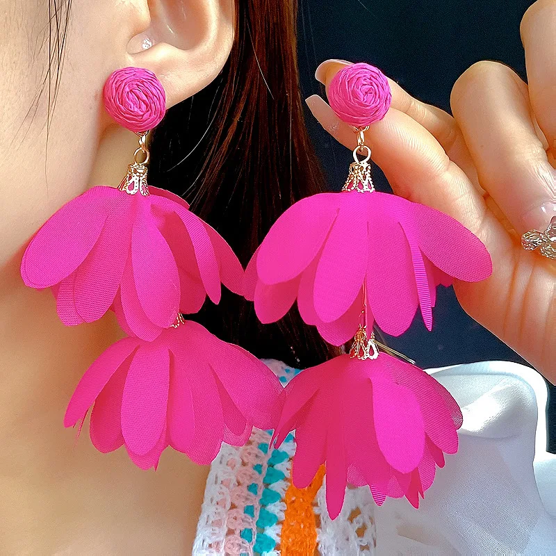 New floral temperament tassel fabric earrings handmade niche colored geometric circular petal earrings