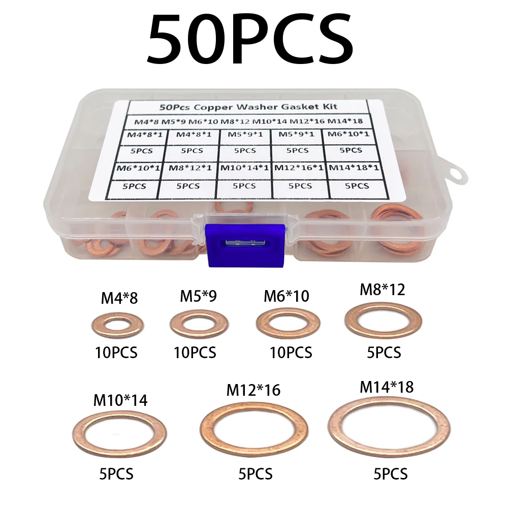 100Pcs Copper Washer Gasket Nut And Bolt Set Flat Ring Seal Assortment Kit With Box M4/M5/M6/M8/M10/M12/M14 For Sump Plugs