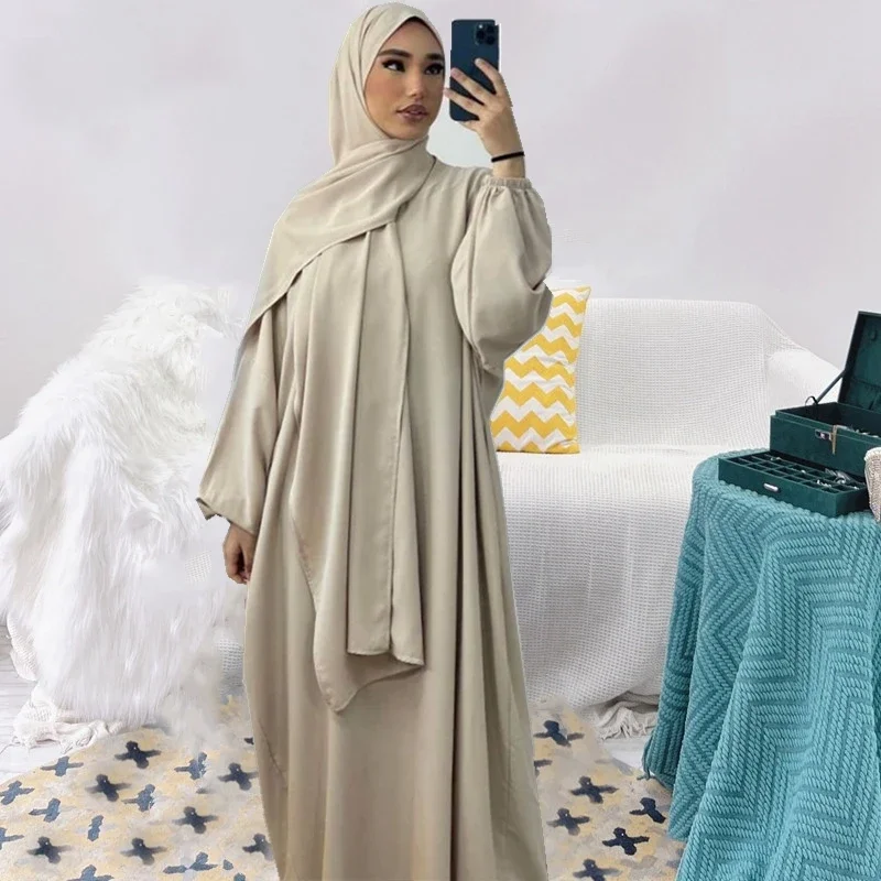 Ramadan Hoody Abaya Sewn Hijab Scarf Prayer Dress Muslim Eid Nida Loose Abayas for Women Jilbab Kaftan Robe Islam Dubai Djellaba