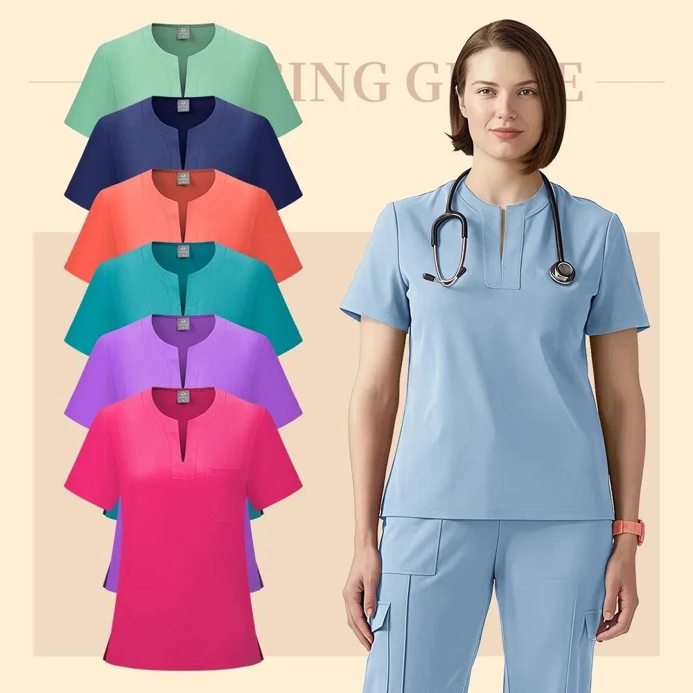Nurse Scrub Set Medical Scrubs Uniform Women Operating Room Nursing Clothes Pocket Top+Pants 2 Piece Suit Beauty Salon Work Wear