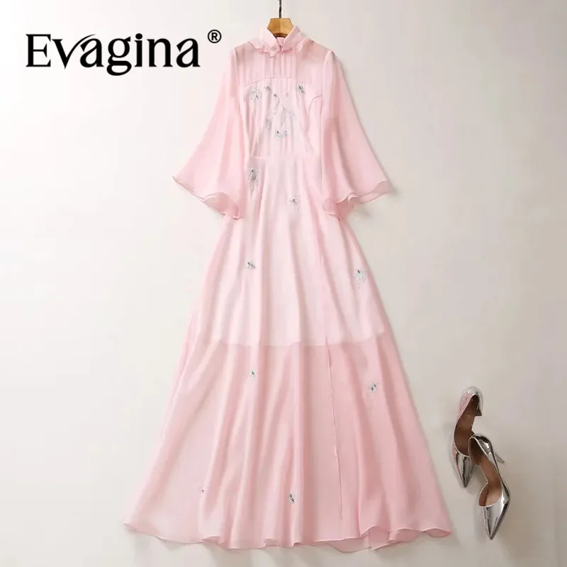 Evagina Fashion Women's New Chinese-Style Stand-Up Collar Flare Sleeved Vintage Nail Beads Embroidered Elegant Long Maxi Dress