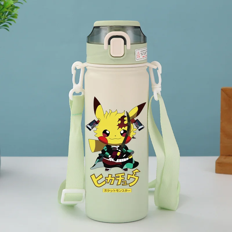 600ML Stainless Steel Pokemon Childrens Drinking water Bottle Pikachu Portable Insulated Straw water Cup Aldult Large Capacity