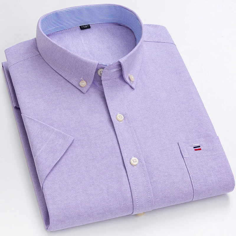 Purple Shirt 100% Cotton Oxford Men's Short Sleeve Plaid Pocket Soft Comfortable Regular Fit Business Casual Social Dress Shirts