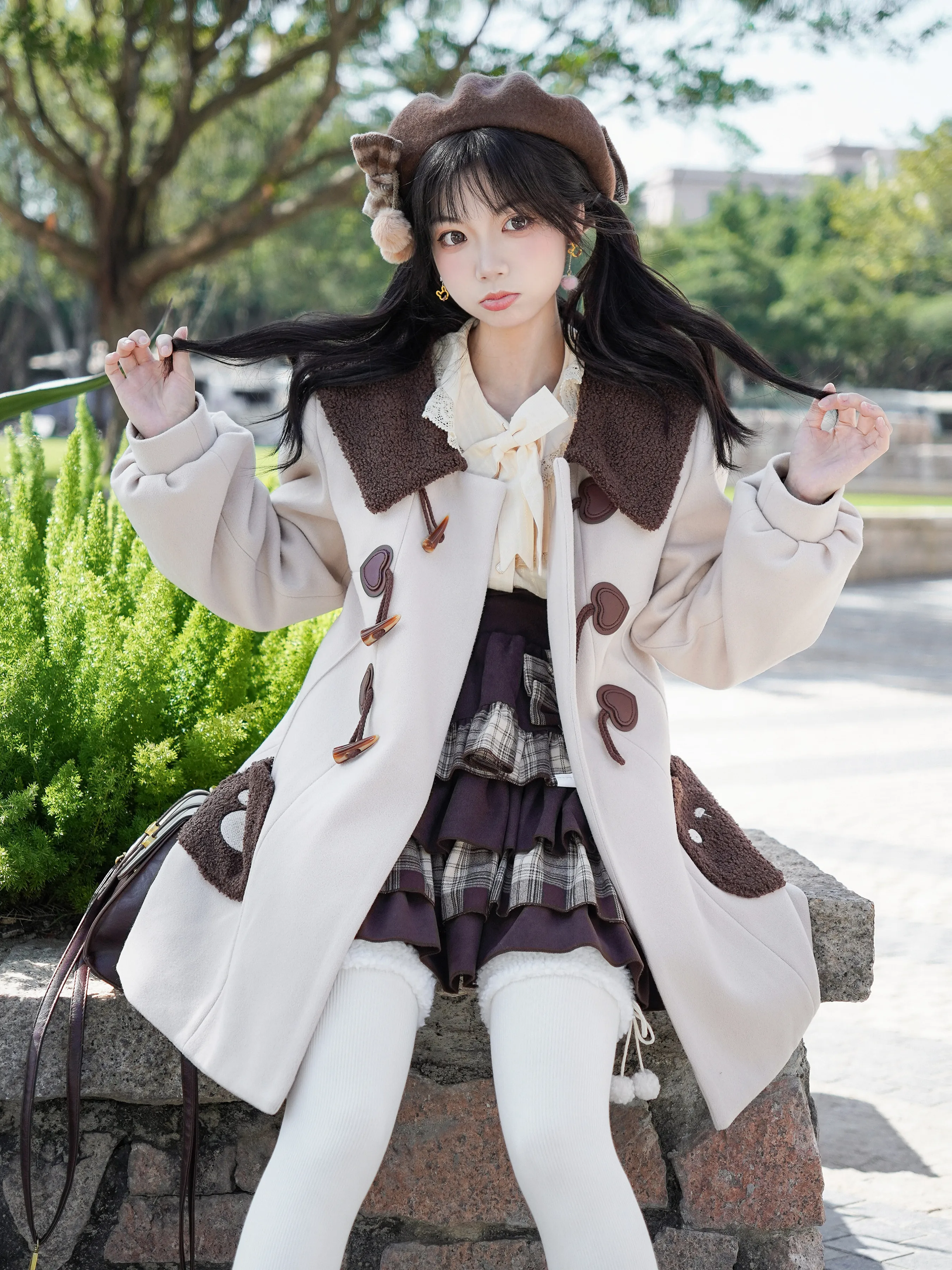 2025 Autumn Winter New Off-White Horn Button Coat Japanese Cute College Style Woolen Jacket Brown Cake Short Skirt