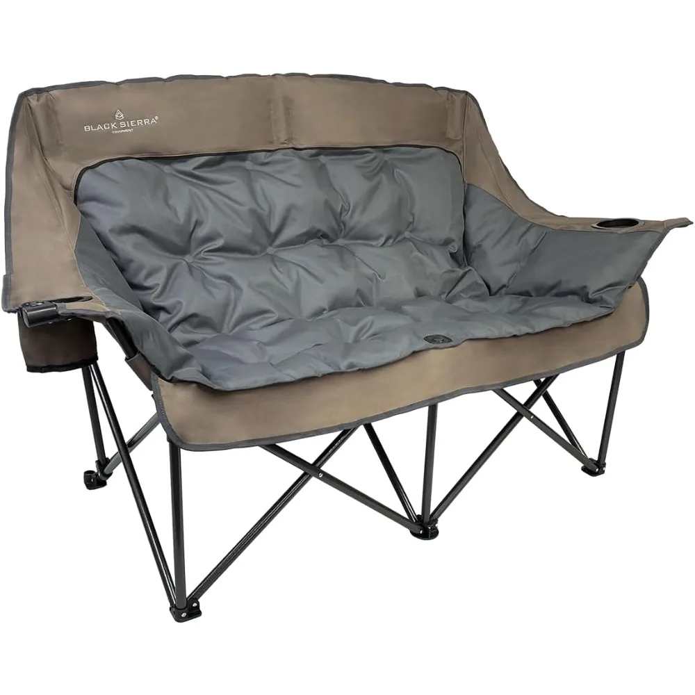 

Black Sierra Double Camping Chair for Adults, Oversized Folding Loveseat Supports 600 lbs, Plush Padded Outdoor Couch with Cup H
