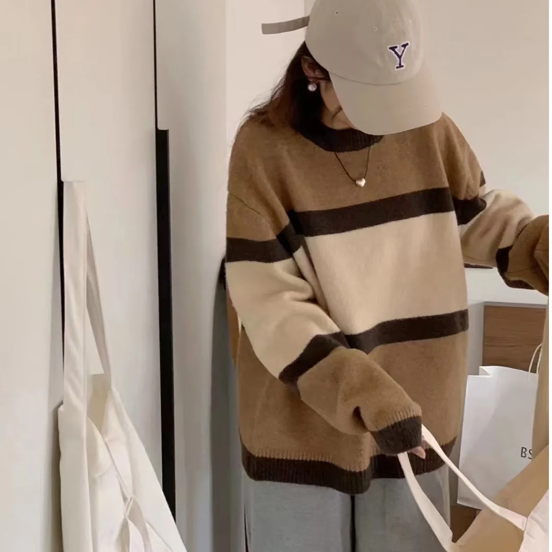 المرأة فضفاضة تناسب Thiened سترة ناعمة أنيقة كسول Sle مخطط محبوك لخريف شتاء جديد وصول عادية Faion #5