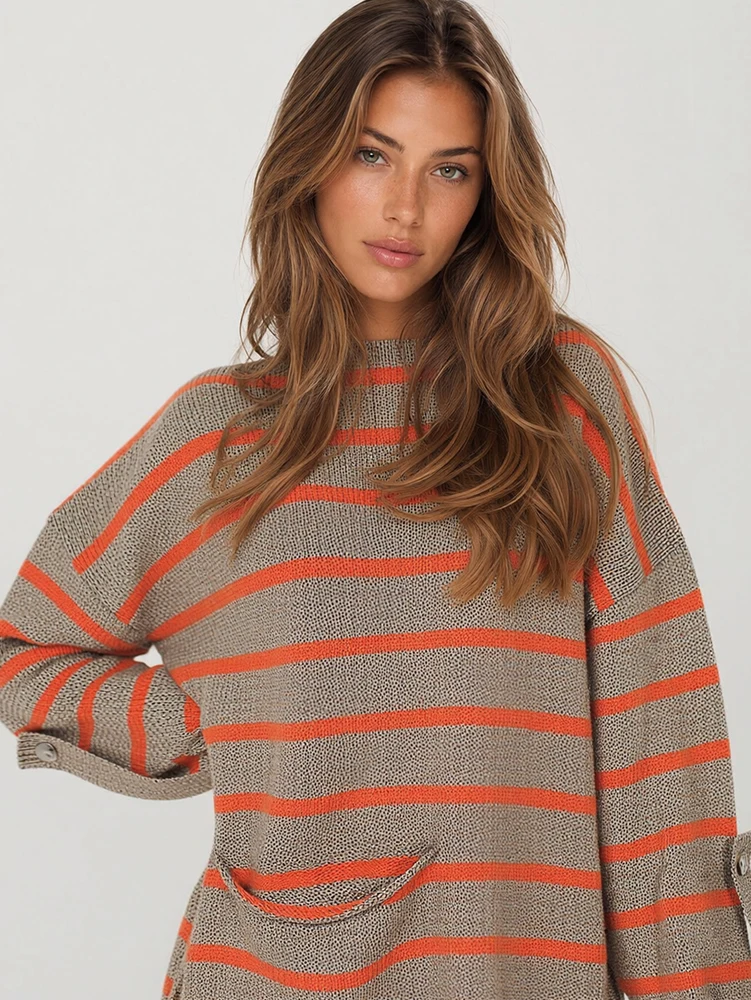 Women Striped Knitted Sweater, Boat Neck Long Sleeve Pullover with Pocket, Loose Casual Autumn Winter Fashion Ladies Knit Top
