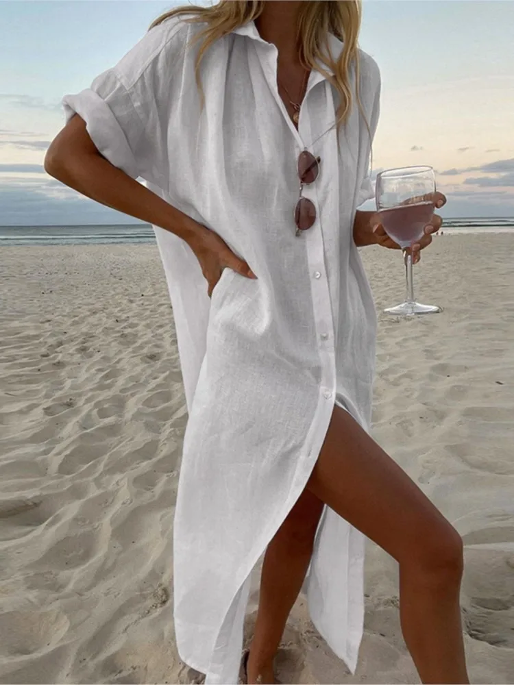 

Spring Summer Solid Color Cotton Linen Lapel Shirt Dresses Women Casual Long Sleeved Buttons Loose Long Dress Woman Beach Dress