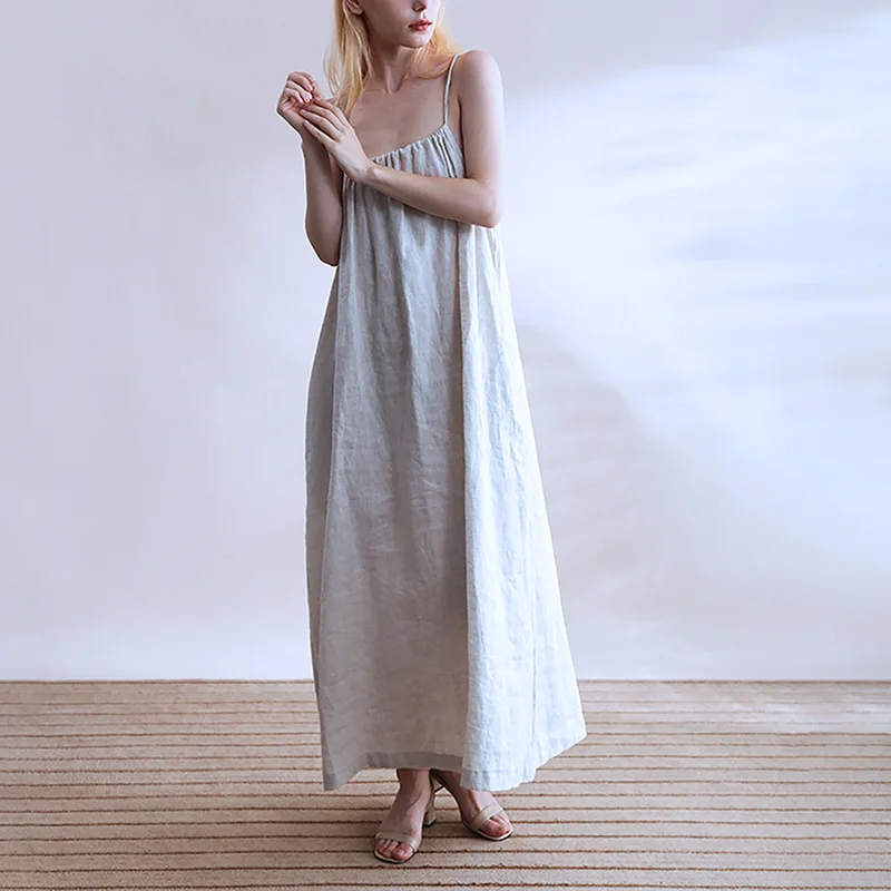 Summer Linen Strapless Halter Dress Women's Bandage Front And Back Wear Chic Elegant Casual Long Dresses Female Clothing