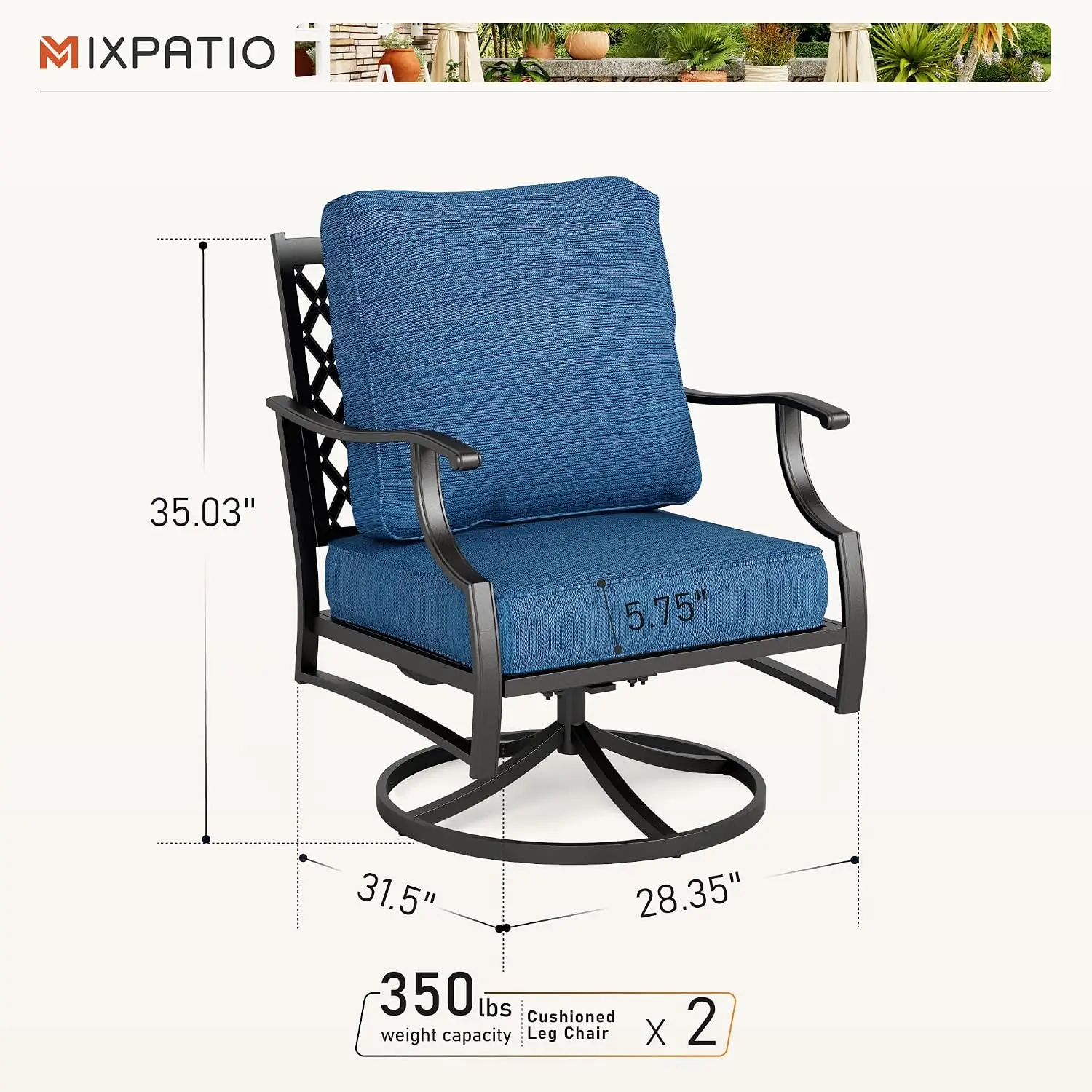 Swivel Rocking Patio Chairs 2 Pack, Metal Frame Thick Cushions High Back 360° Swivel All Weather 31.5x28.35x35