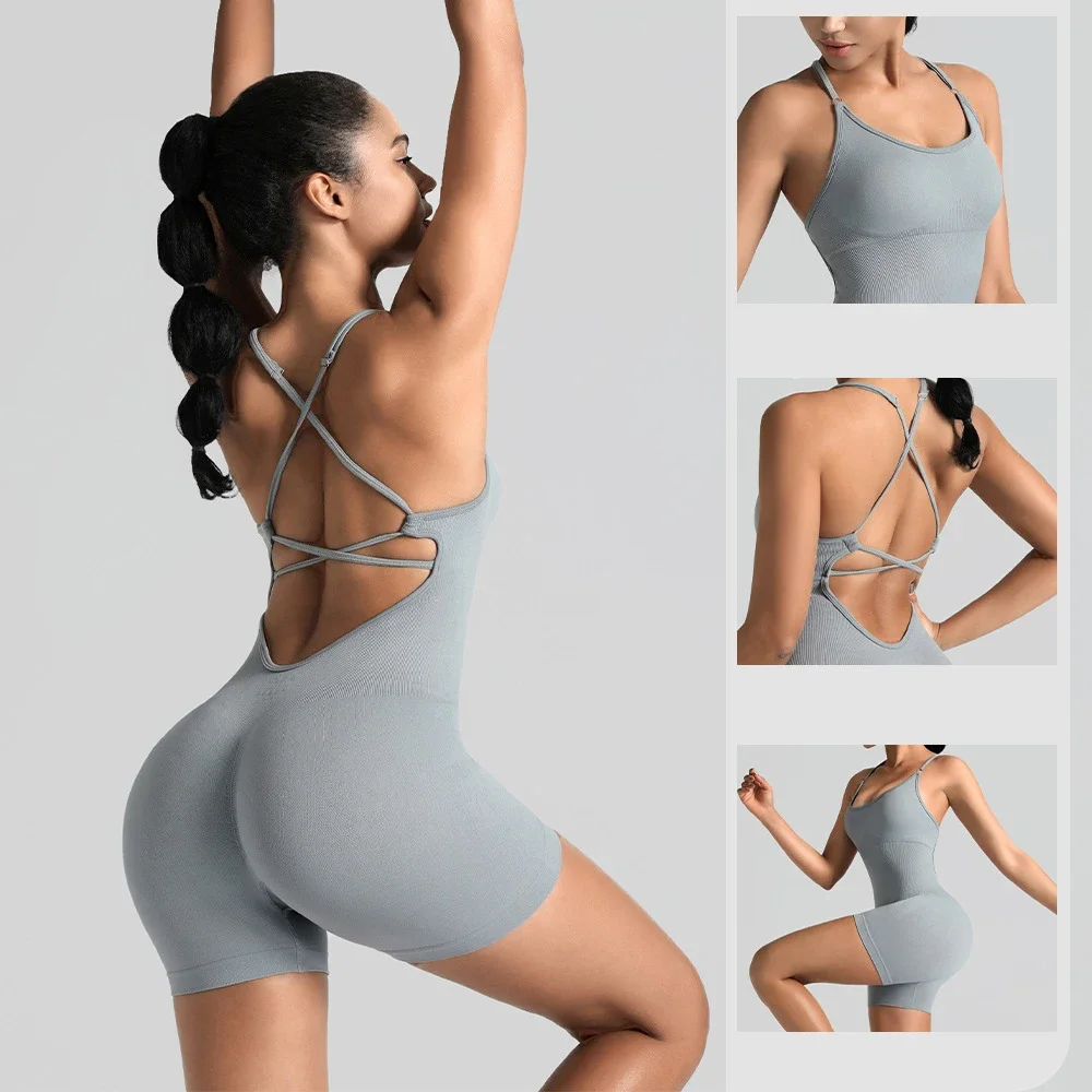 

Sexy Fitness Jumpsuit Women Cross Adjustable Sports Playsuit Running One Piece Yoga Suit Scrunch Shorts Backless Set Romper