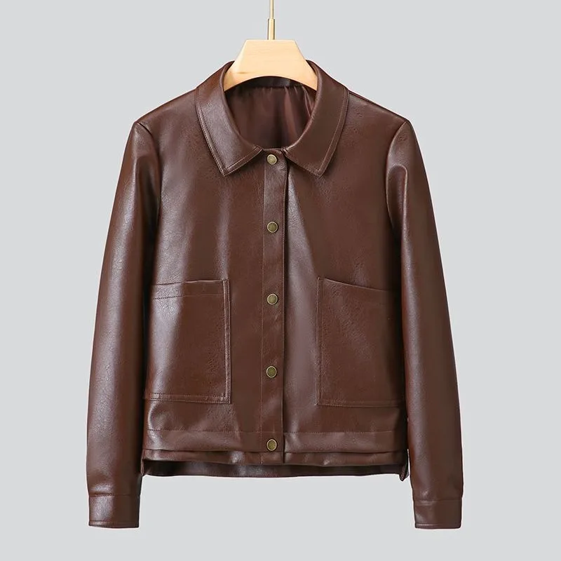 

Spring New Women's Lapel Short Loose Hong Kong Style Leather Jacket Versatile Casual Fashion Korean Female PU Leather Coat