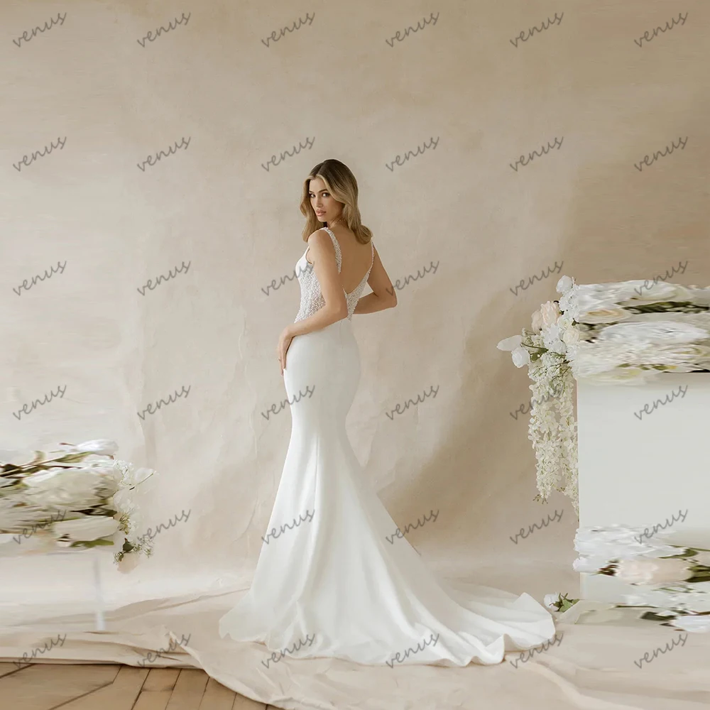 Modern Wedding Dresses Satin Bridal Gowns Pearl Decoration Robes Sleeveless Backless Dress Sexy Vestidos De Novia Customized