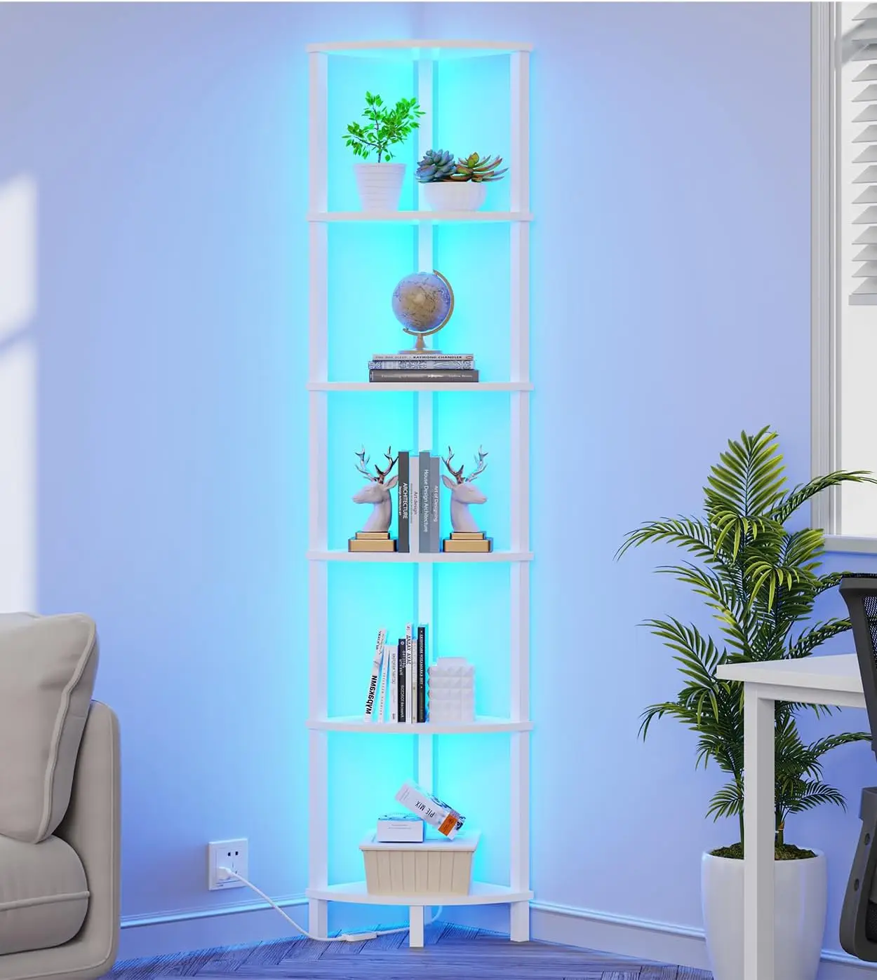 

6-Tier Corner Bookshelf with LED Light, Industrial Ladder Shelf for Living Room, Bedroom, Kitchen, Home Office, White