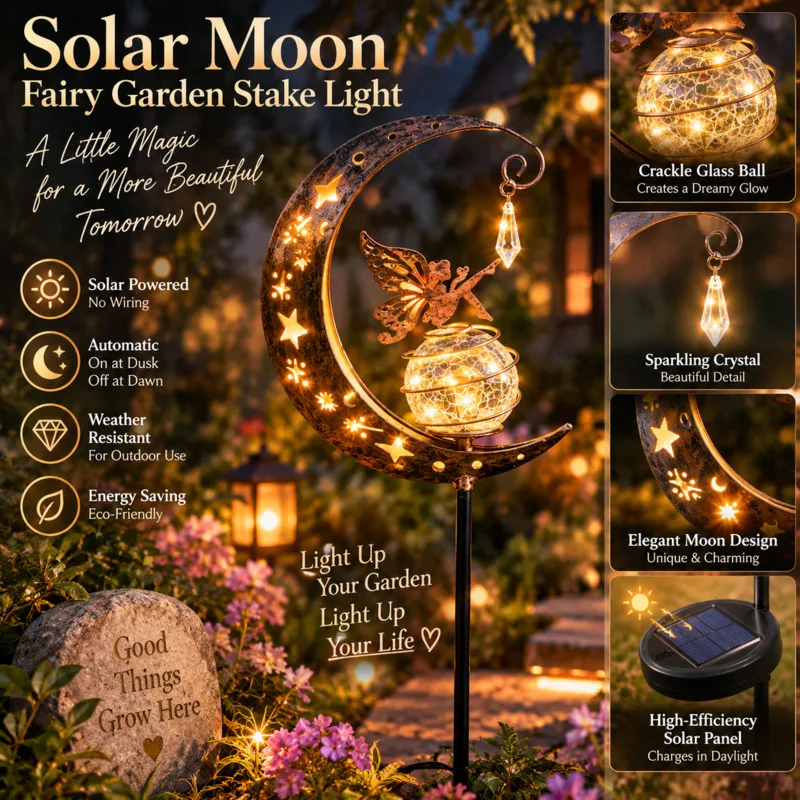 Solar Powered Outdoor Garden Stake Light, Crackled Glass Ball Moon Style Lamp Yard Lawn Patio Metal Decor Landscape Holiday Gift