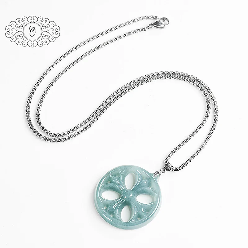

Cross Jade Pendant, Blue Water Gemstone with Floral Openwork, Meaningful Gift of Faith & Elegance