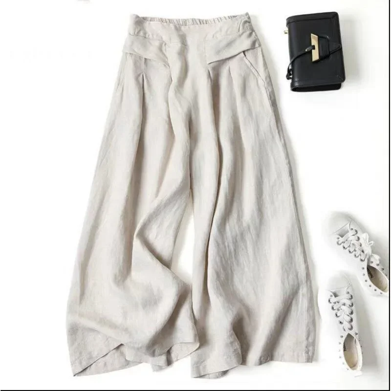 Artistic Loose-Fit Cotton Linen Wide-Leg Skort For Women High-Waisted Slimming Cropped Pants Casual Summer Fashion