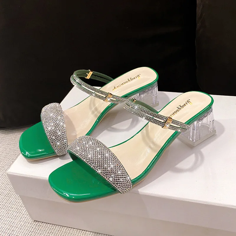 2022 Summer New Thick Heel Slippers Women Wear Rhinestone Flip Flops Middle Heel Square Toe Two Wear Sandals