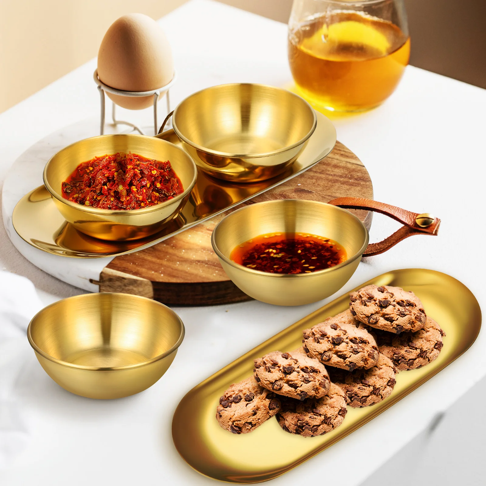 

6 pcs Stainless Steel Dipping Bowls Set With 2 Oval Serving Trays Round Seasoning Sauce Dishes For Sushi Appetizers Home Kitchen