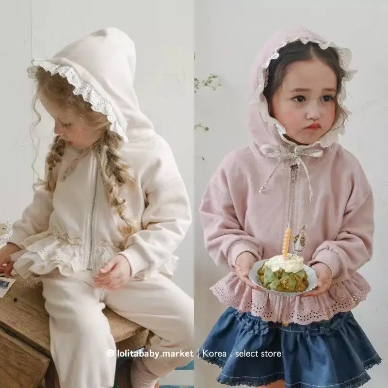 

Kids Girls' Coat Spring and Autumn Children's Sweet Lace Pinch Waist Hooded Zipper Jacket 80-130CM